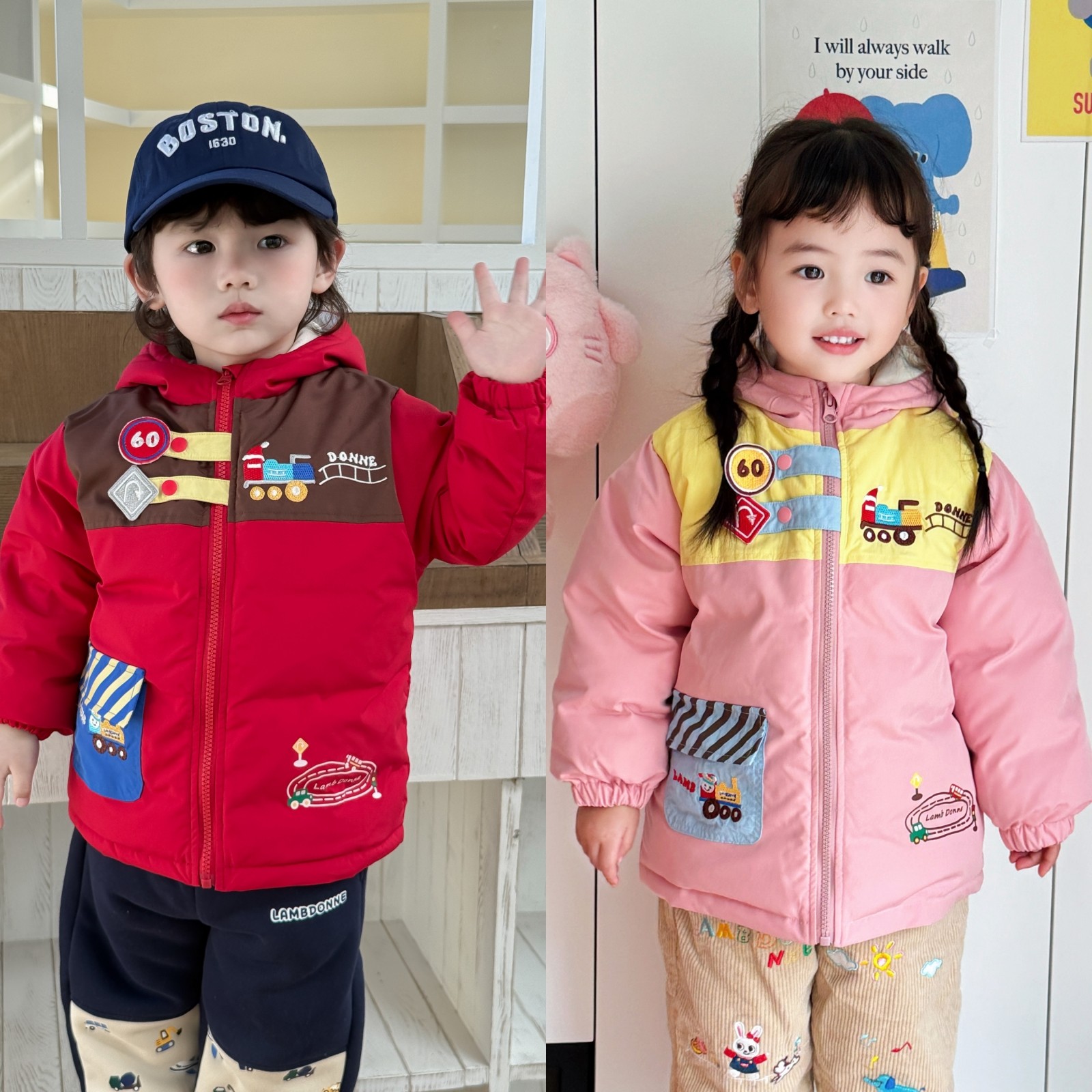 儿童羽绒服卡通汽车刺绣男童羽绒服女童新国标宝宝连帽羽绒服冬装