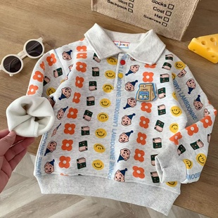 儿童加绒Polo领卫衣日系原田童装卡通刺绣宝宝男女童冬装保暖上衣