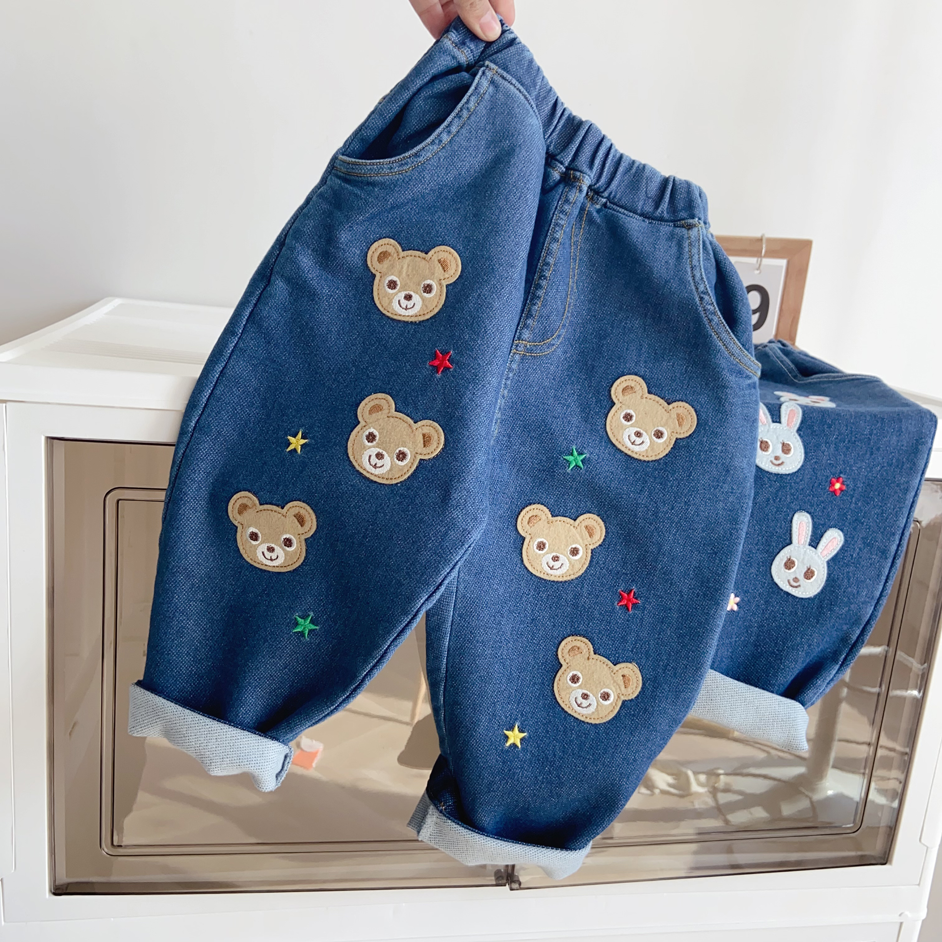 日系miki精美绣花针织软牛仔长裤