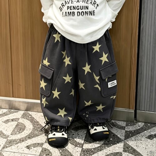 男童秋款裤子星星印花束脚裤儿童休闲裤女宝宝棉毛圈长裤潮帅气