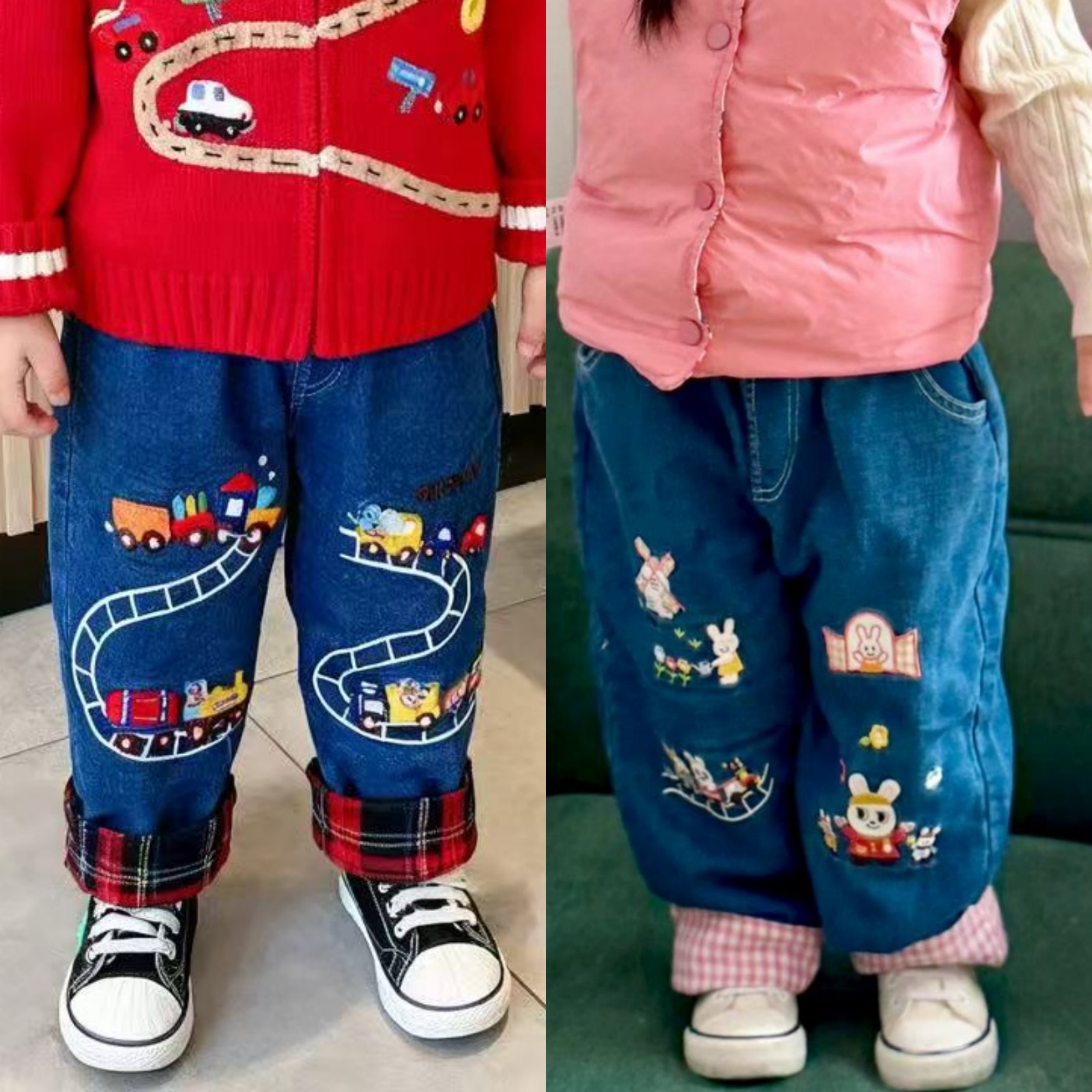 儿童加绒裤子2025新款miki男女童加绒牛仔裤初春款洋气男宝宝长裤