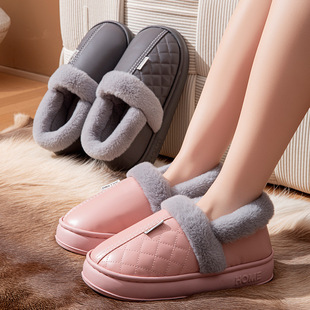 男女 防滑棉拖鞋 厂家防水包跟外穿PU皮面棉鞋 居家居厚底保暖冬季