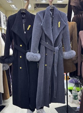 Luo设计感大翻领真狐狸毛袖羽绒大衣 双排金属扣系带长款洋气外套