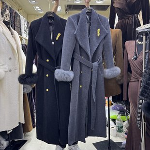 Luo设计感大翻领真狐狸毛袖羽绒大衣 双排金属扣系带长款洋气外套