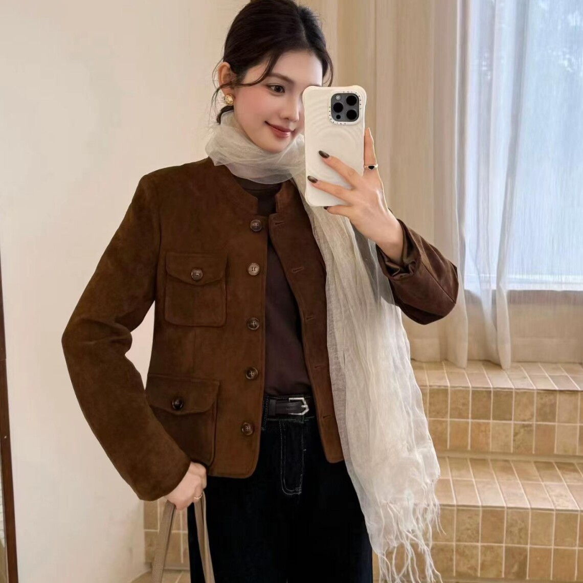 灰姑娘鹿皮绒多口袋机车夹克服女