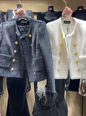 LUO黑色水貂毛圆领加厚短外套女冬季双排扣袖口拼接真毛加棉上衣