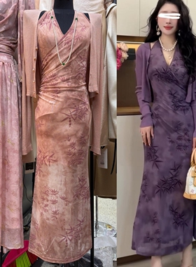 Luo法式绿色提花竹子露背连衣裙女2026夏小个子加密网纱挂脖长裙