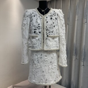 妮薇小香风重工钉珠立体绣花蕾丝时尚套装女高级感白色蕾丝两件套