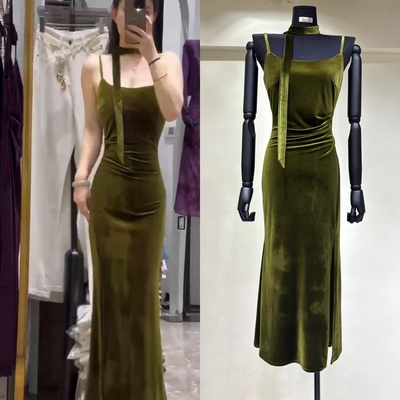 Luo高品质丝绒包臀鱼尾吊带裙