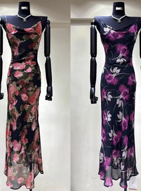 Luo高级感法式荡领紧身收腰显瘦包臀印花吊带裙 优雅气质鱼尾长裙