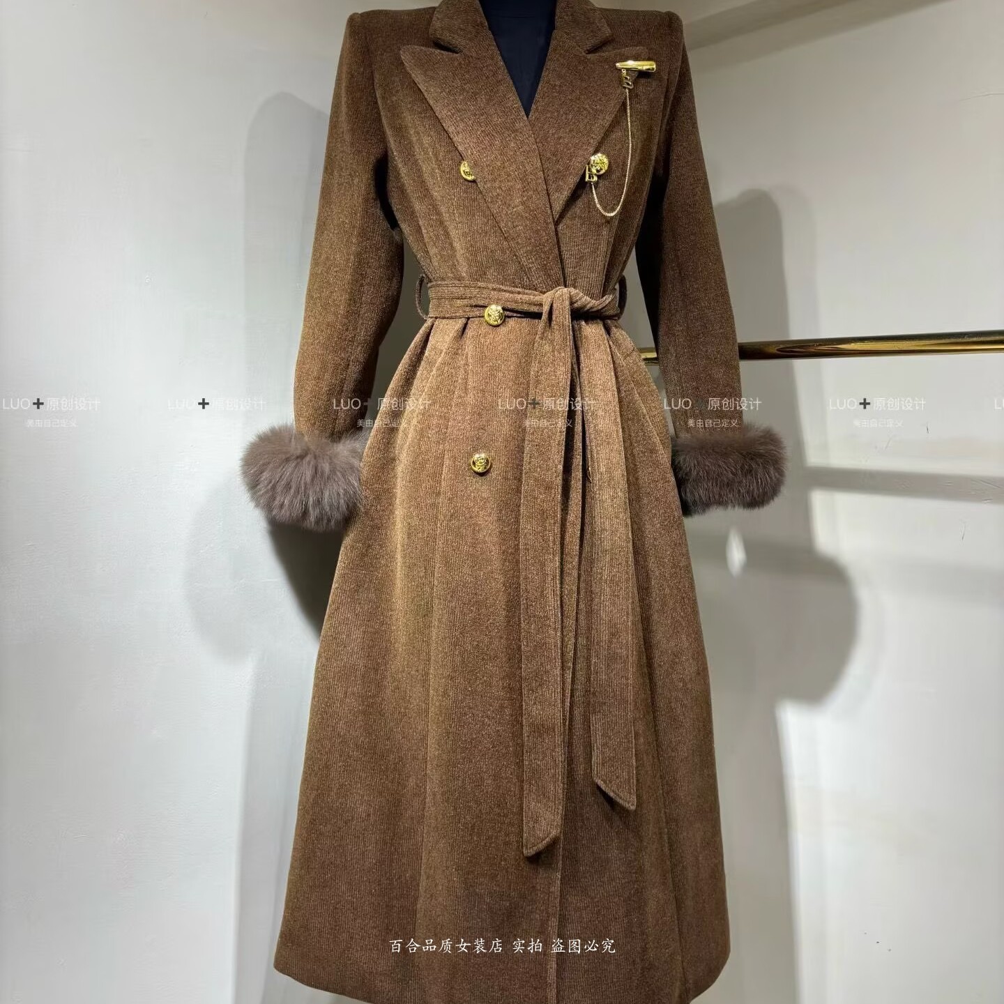 Luo西装领系带收腰显瘦长款大衣