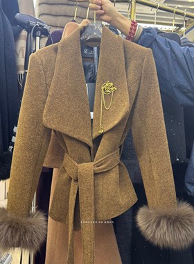 Luo高品质大翻领雪尼尔绒 真狐狸毛系带收腰显瘦羽绒内胆毛呢外套