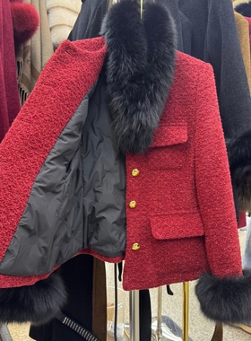 LUO法式小香红色亮丝粗花呢羽绒服女2025轻奢真狐狸毛领大衣外套