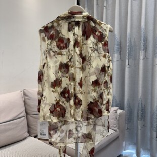 Luo设计感工艺剪花立领飘带无袖 女 轻熟风宽松雪纺衫 上衣 透视衬衫