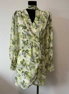 特价！LUO高品质清新薄荷曼波风绿色印花短裙女收腰显瘦V领连衣裙