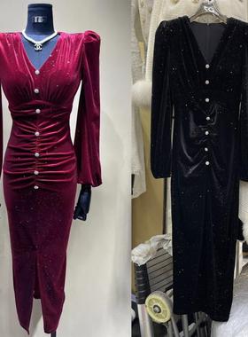 LUO高级感赫本风复古性感V领独特闪闪银河醋酸丝绒开叉包臀连衣裙