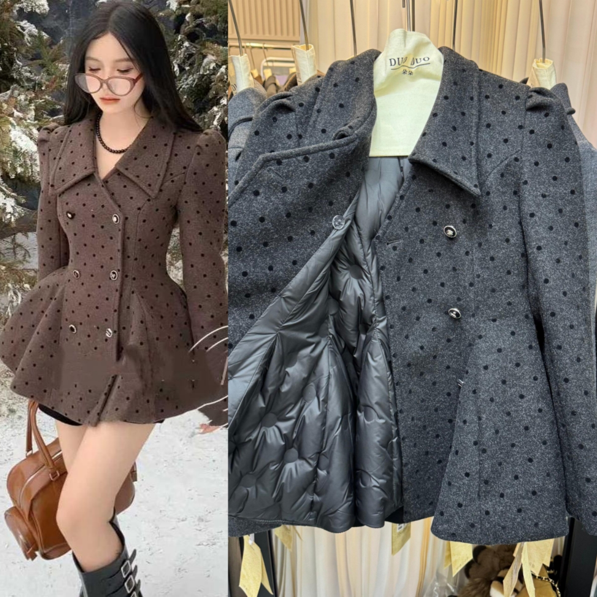 法式立体裁剪波点方领羽绒大衣