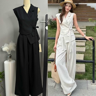 长裤 女2026新不规则系带马甲阔腿裤 职业套装 DuoDuo黑色赫本风西装