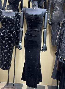 Luo法式小香风复古满天星收腰性感一字领丝绒吊带裙女打底连衣裙