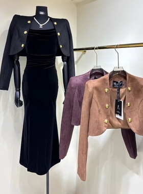 Luo黑色小香鹿皮绒短外套女2025秋季小个子金属扣OL上衣夹克外搭