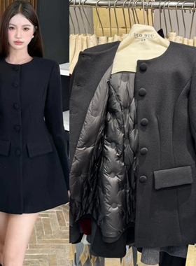 DUODUO法式沙漏腰西装毛呢外套裙女2025冬季灰色羊毛呢子加绒大衣