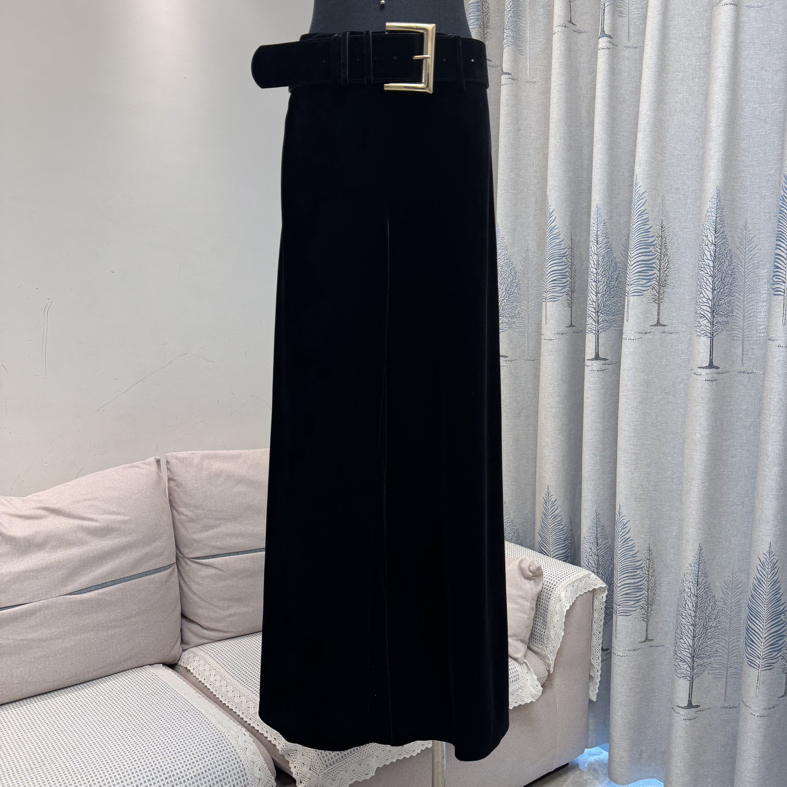 高品质金丝绒超长阔腿裤配腰带