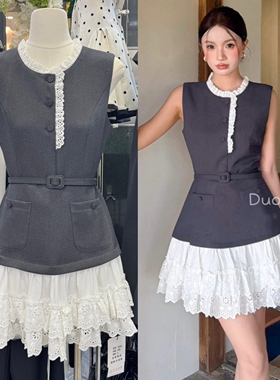 DuoDuo法式蕾丝立领拼接灰色无袖连衣裙女高定好看收腰礼服裙短裙