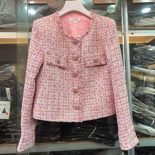 精致粗花呢粉色钻扣小香风短外套女2024新款气质金丝钉珠长袖上衣