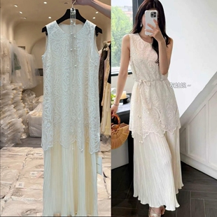F.CINDERELLA米白色蕾丝拼接圆领无袖连衣裙女假两件百褶系带长裙
