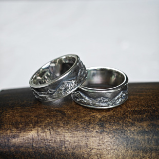 铁头的店 绵延的山峰立体图案925纯银戒指水墨画卷情侣潮流款指环