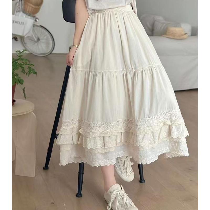 森系韩系边下摆蛋糕裙2025春上新款松紧腰中长款半身裙女生