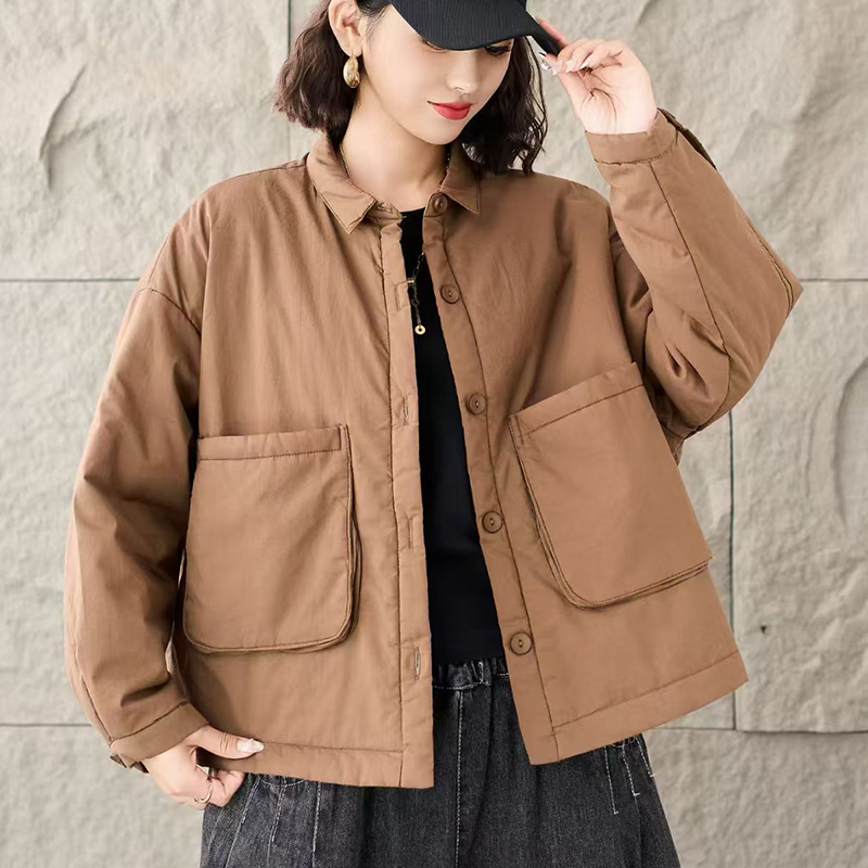 2025秋冬款薄棉服大版女装大口袋上衣加丝棉大衬衫