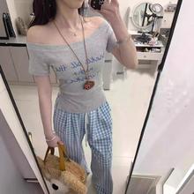 美式设计感小众字母印花斜肩短袖t恤女夏季新款修身显身材上衣ins