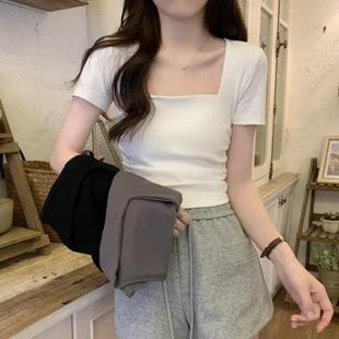 內(nèi)搭外穿方領(lǐng)短袖 t恤女短款 新款 百搭上衣女裝 ins 修身 2025夏季
