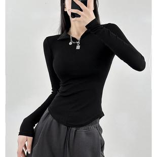 显瘦黑色辣妹polo领上衣加绒打底衫 长袖 修身 t恤女2025新款 秋冬季