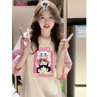 粉色插肩袖 夏天多巴胺甜妹穿搭设计感百搭上衣 短袖 t恤女2025新款
