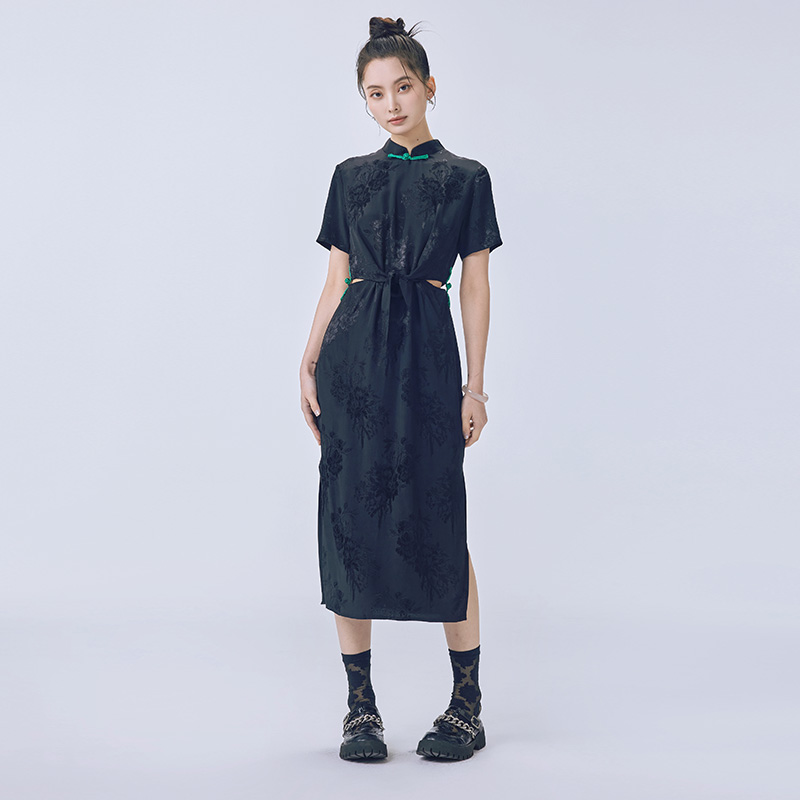 玫瑰提花改良旗袍腰间镂空连衣裙