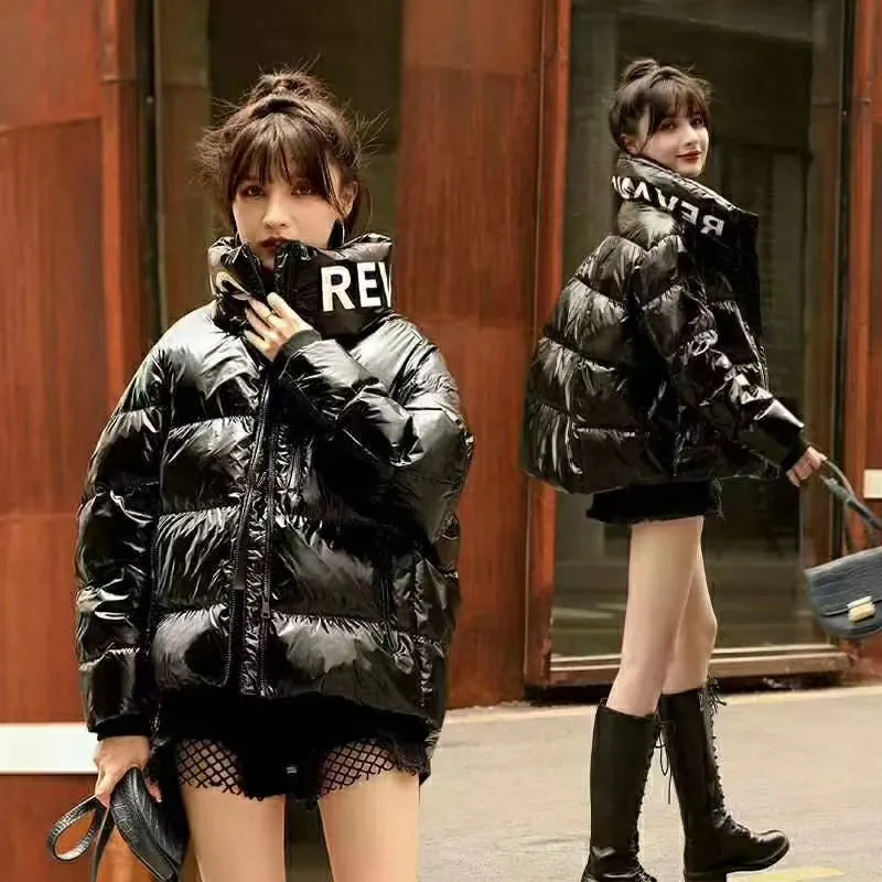 新款韩版小短款时尚百搭宽松女士立领白鸭绒亮皮羽绒服外套