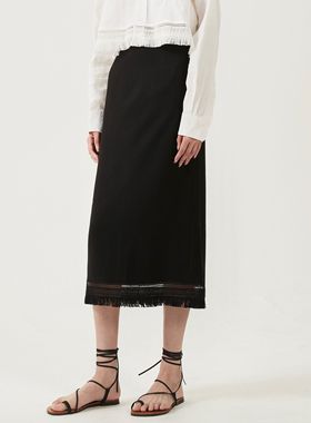 tuum nomen 亚麻纹醋酸 流苏花边 直筒后开衩纸片人半身裙