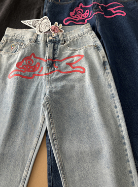 BBC飞狗ICECREAM美式高街飞狗印花牛仔裤男潮牌宽松直筒休闲长裤