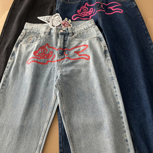 男潮牌宽松直筒休闲长裤 BBC飞狗ICECREAM美式 高街飞狗印花牛仔裤