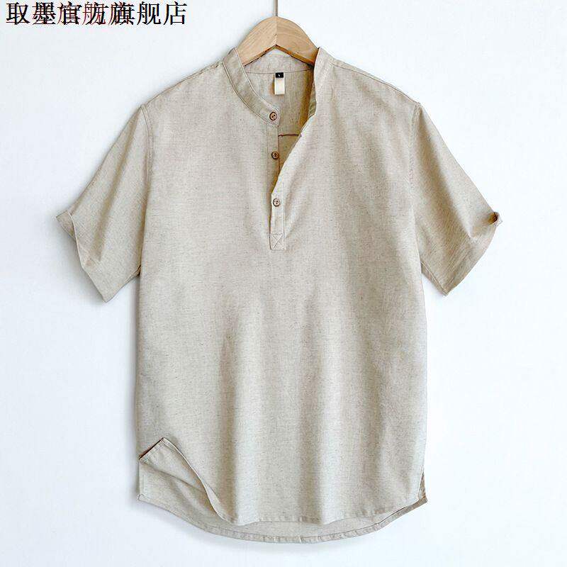 纯棉麻短袖t恤男夏季中国风宽松薄款V领上衣复古休闲半袖麻料体恤