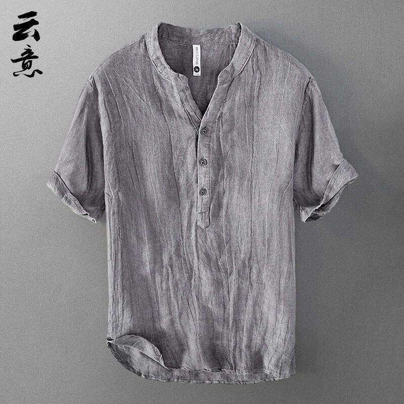 纯亚麻短袖T恤男夏季中国风宽松薄款V领上衣复古休闲半袖麻料体恤