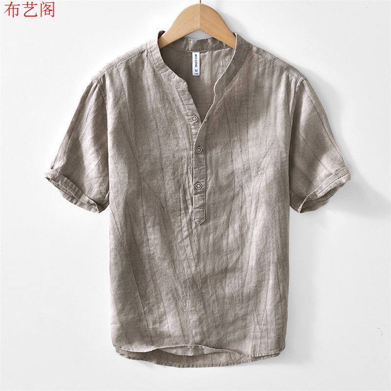 夏季休闲男士100%亚麻短袖衬衫V领T恤衫复古皱麻休闲纯色男装上衣