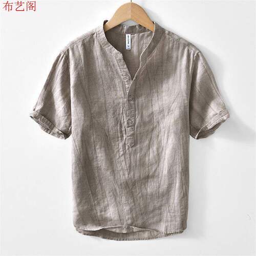 夏季休闲男士100%亚麻短袖衬衫V领T恤衫复古皱麻休闲纯色男装上衣