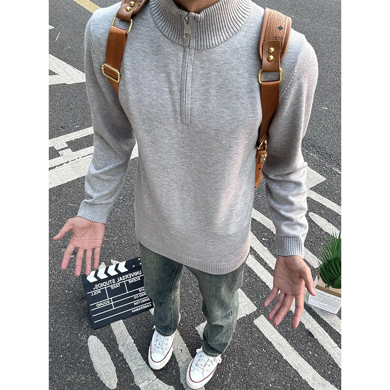 2025新款半拉链毛衣男秋冬季慵懒风内搭打底衫美式立领修身针织衫