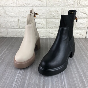 品牌撤柜真皮厚底弹力瘦瘦靴头层牛皮高跟加绒短靴英伦复古靴子