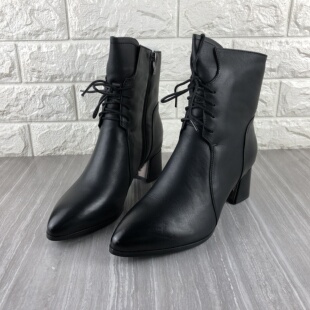 40码断码特价处理真皮牛皮女靴粗跟中跟时尚尖头短靴加绒保暖棉靴