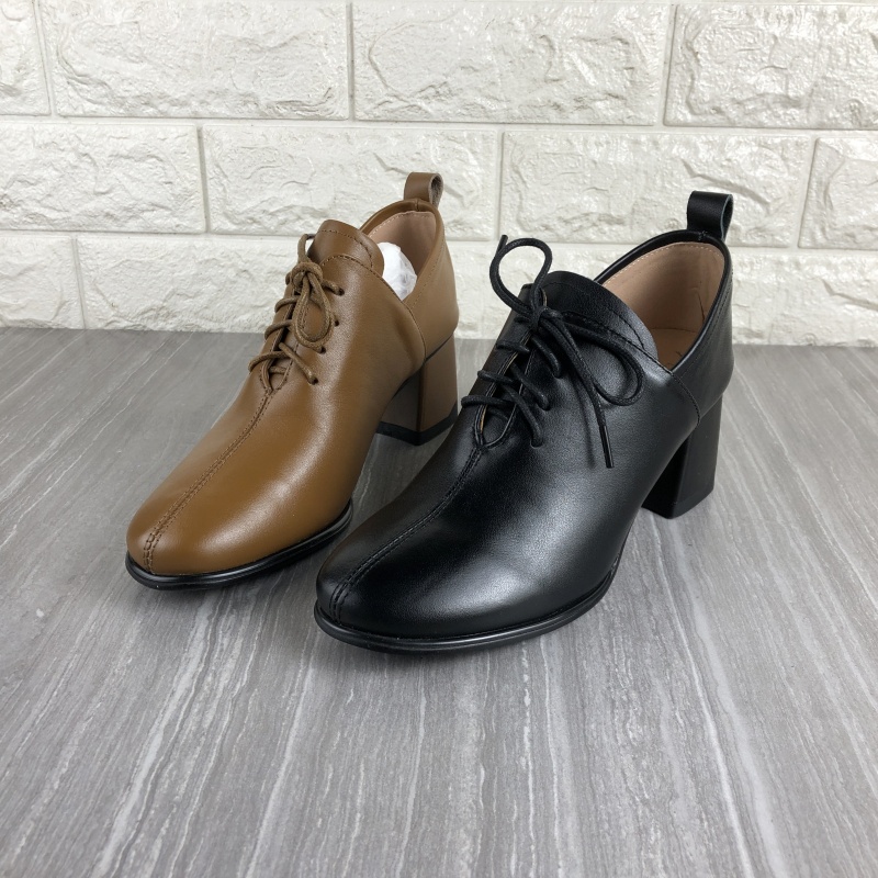 真皮女鞋粗跟深口系带单鞋皮鞋