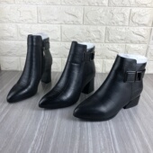 商场撤柜新款 洋气短靴加绒保暖棉靴 真皮女靴头层牛皮粗跟尖头时尚